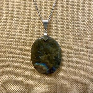 Large Green & Blue Labradorite Silver Pendant Necklace